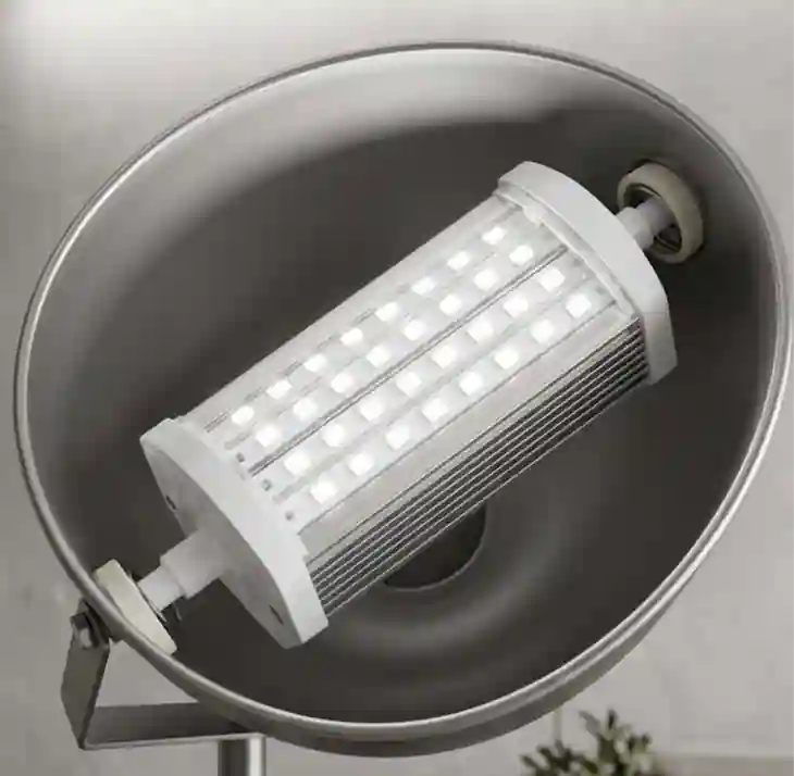 Rozsvícená LED žárovka R7S v podlahovém reflektoru